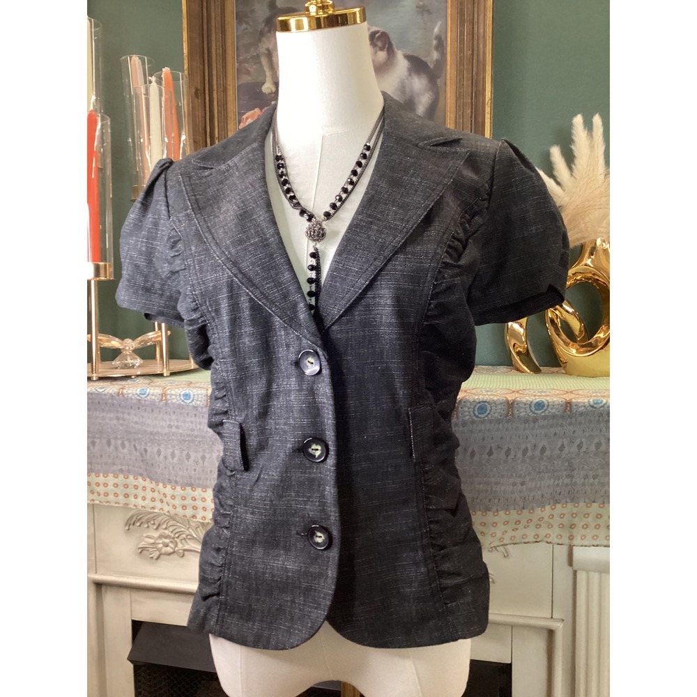 A. Byer Juniors Grey Short Sleeve Ruched Puff Sleeve Blazer Jacket Size M